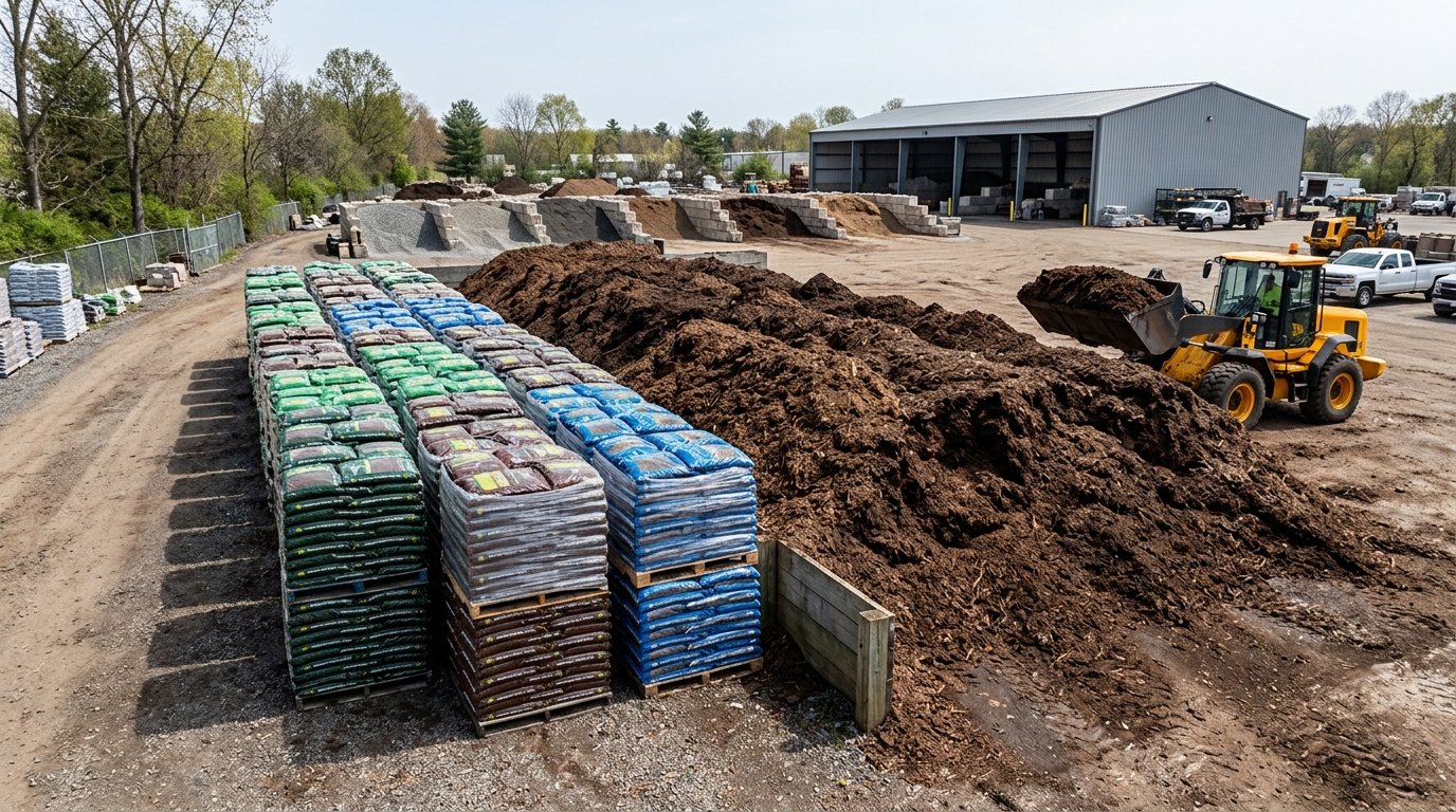 Gloved hand spreading bark mulch to an even depth in a garden bed