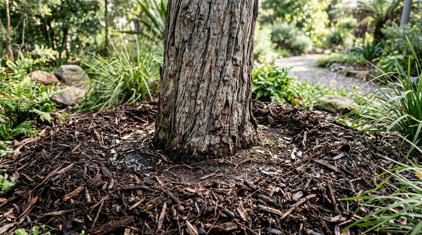 A garden bed freshly spread with dark bark mulch around green plants