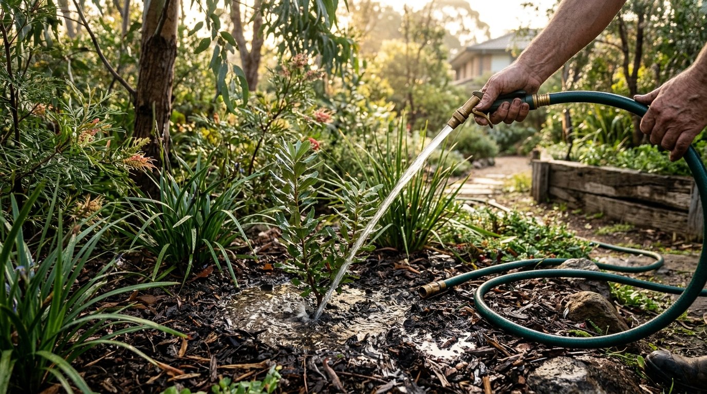 Thick layer of mulch spread around plants in a garden bed to retain moisture