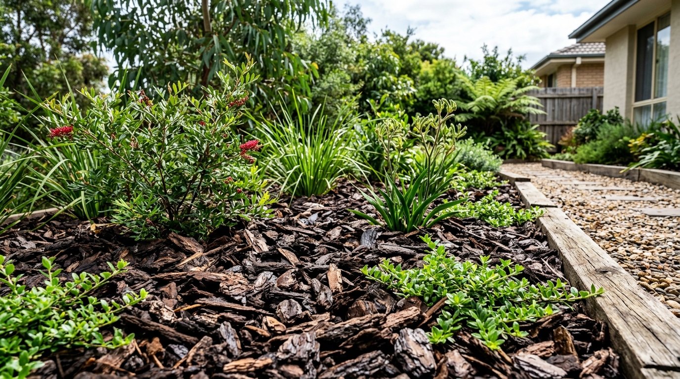 Mulch spread in a ring with a clear gap around a tree trunk, avoiding a mulch volcano