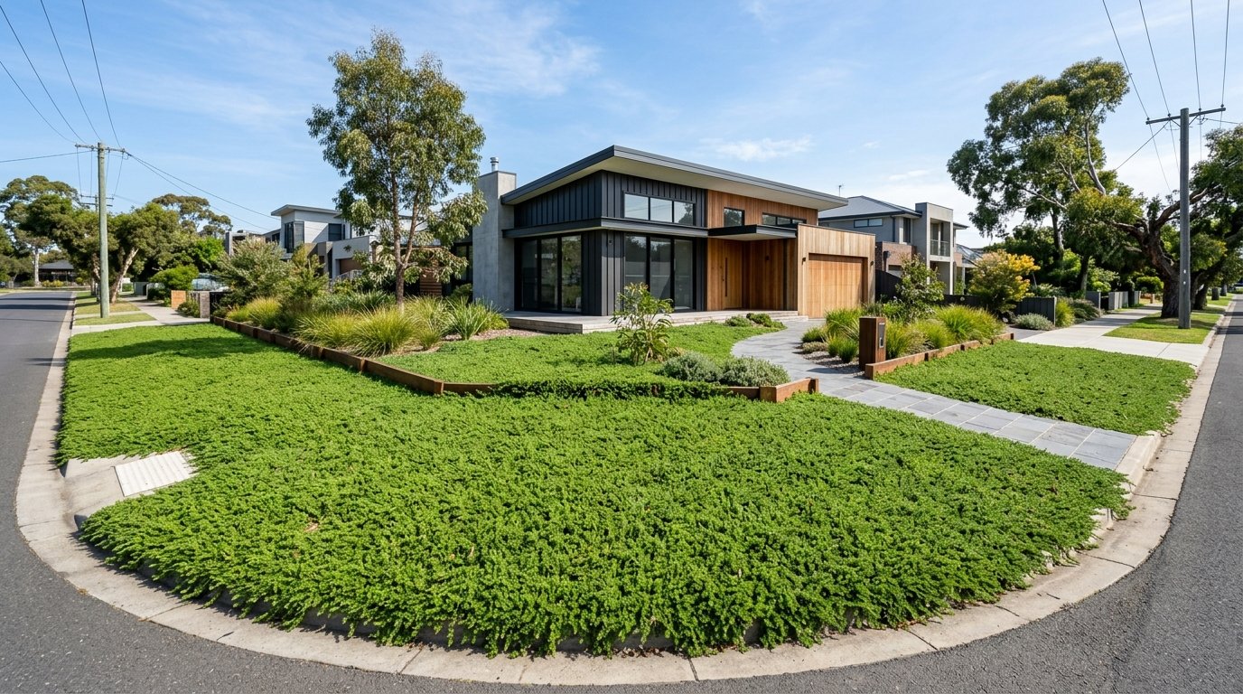 Myoporum groundcover spreading down and stabilising a garden slope