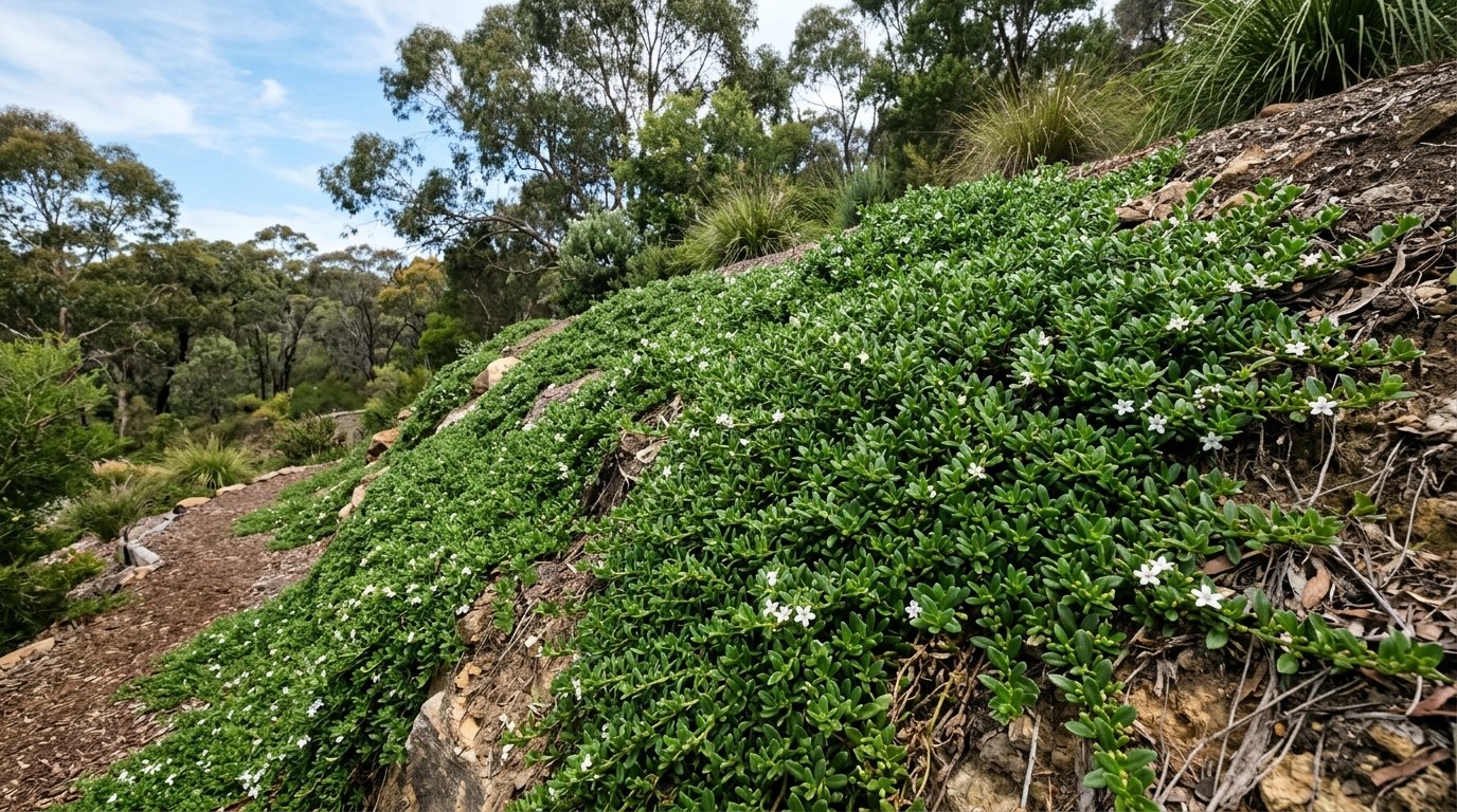 Myoporum groundcover used as a lawn alternative covering a suburban yard