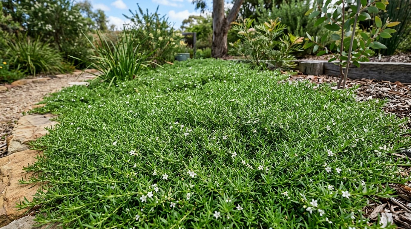 Small white star-shaped Myoporum parvifolium flowers among fine foliage