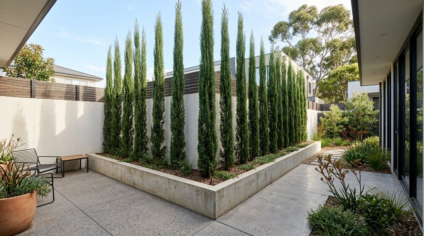 Very narrow upright columnar hedge growing in a tight side passage barely one metre wide between a house wall and boundary fence
