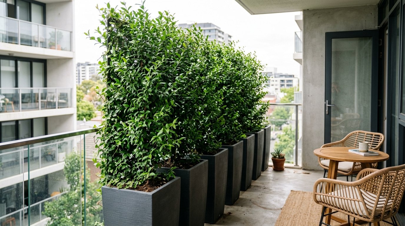 Narrow clipped hedge screening a townhouse balcony and courtyard for privacy in a small urban space