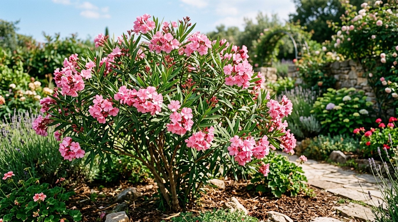 Oleander shrub with pink flowers, highly toxic to pets and people