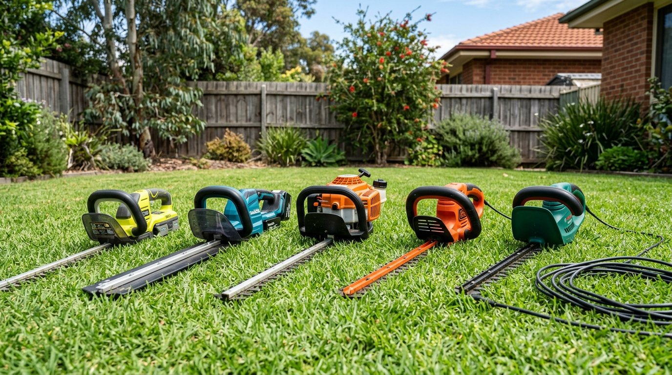 Using a petrol hedge trimmer on a large tall hedge