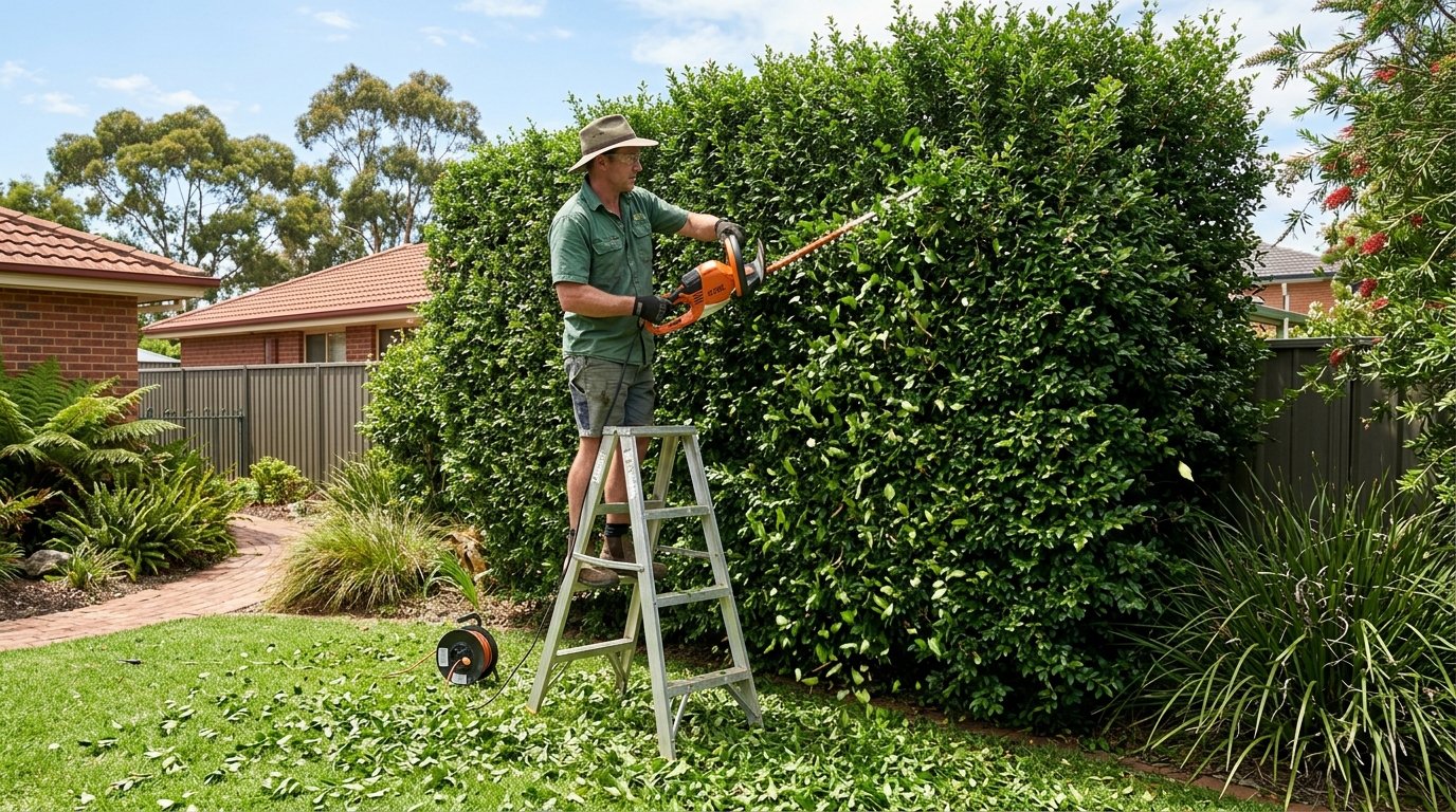 Fast-growing Pittosporum Silver Sheen hedge with fine wavy foliage forming a tall soft screen