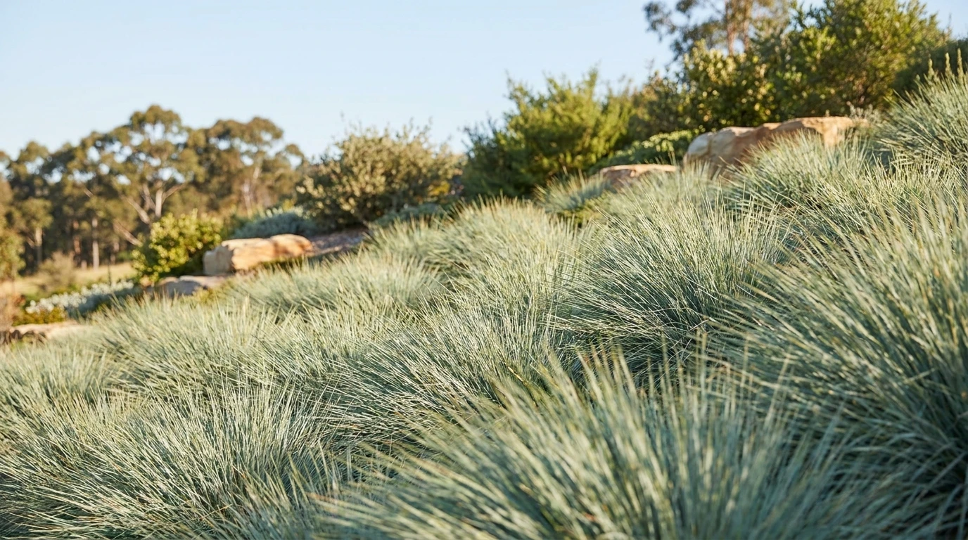 Soft blue-green Poa tussocks moving in the breeze on a sunny slope