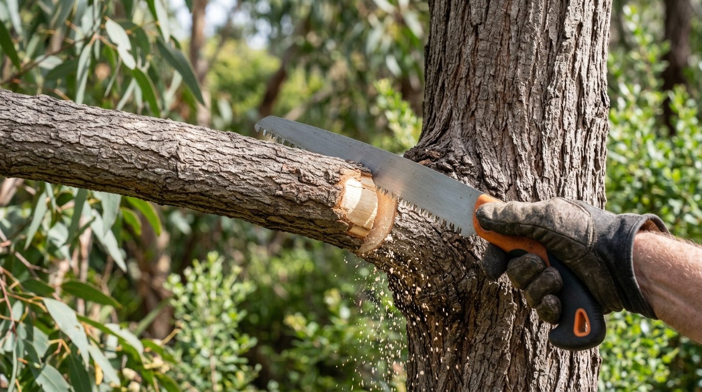 Using a long pole saw to cut a high tree branch from the ground