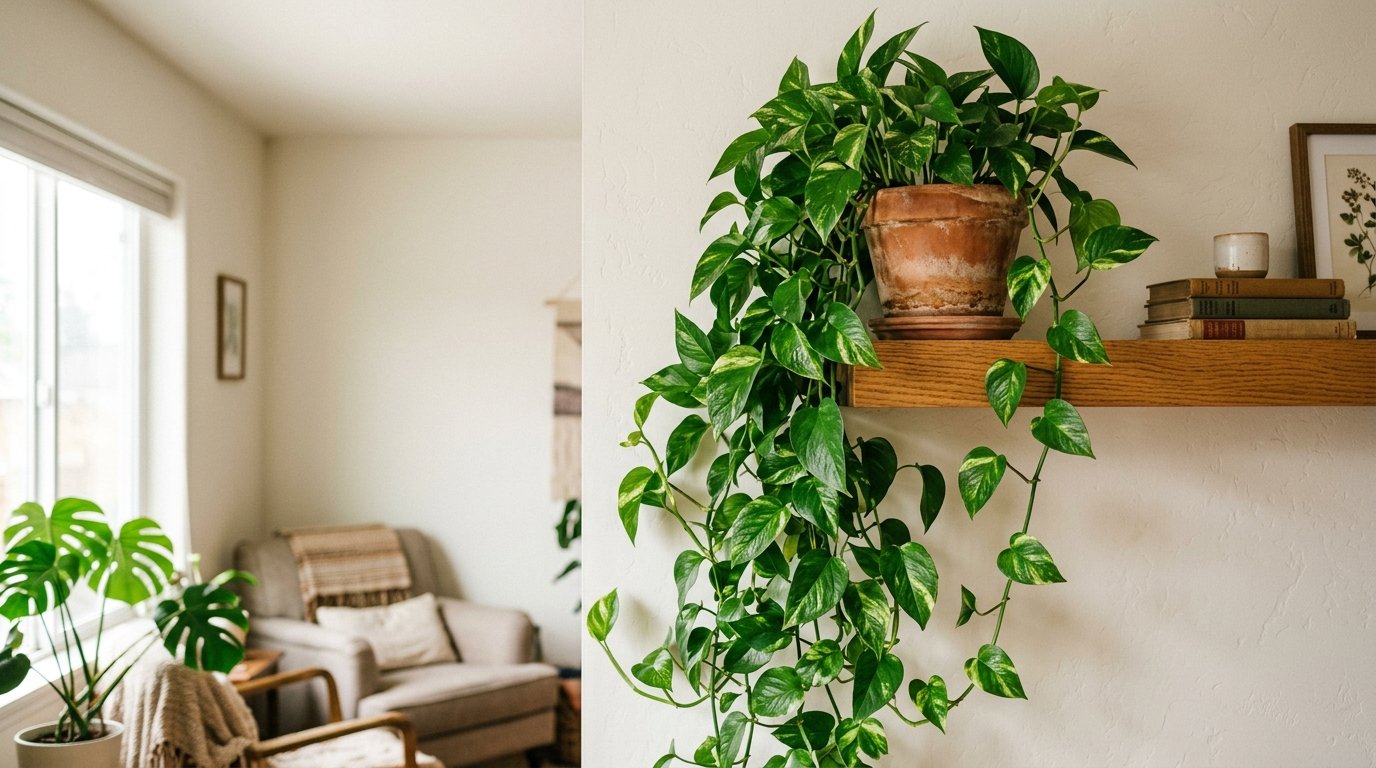 Trailing pothos devils ivy cascading from an indoor shelf