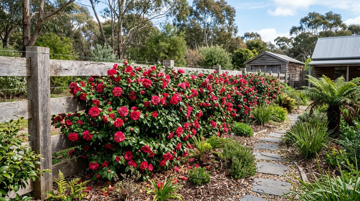 Healthy potted Camellia japonica in a decorative container on a shaded patio with buds and open flowers