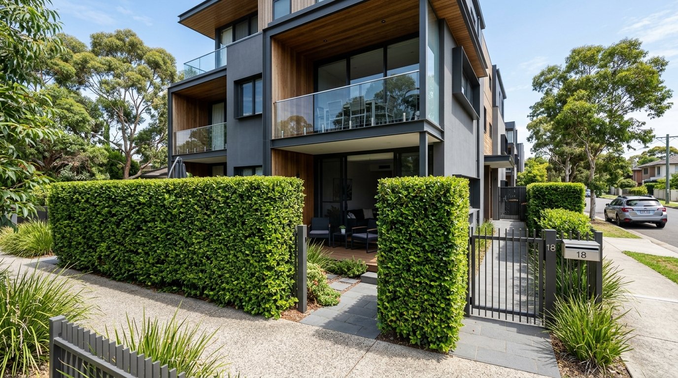 Row of slim potted screening plants in tall planter boxes creating a green privacy divider on a compact terrace