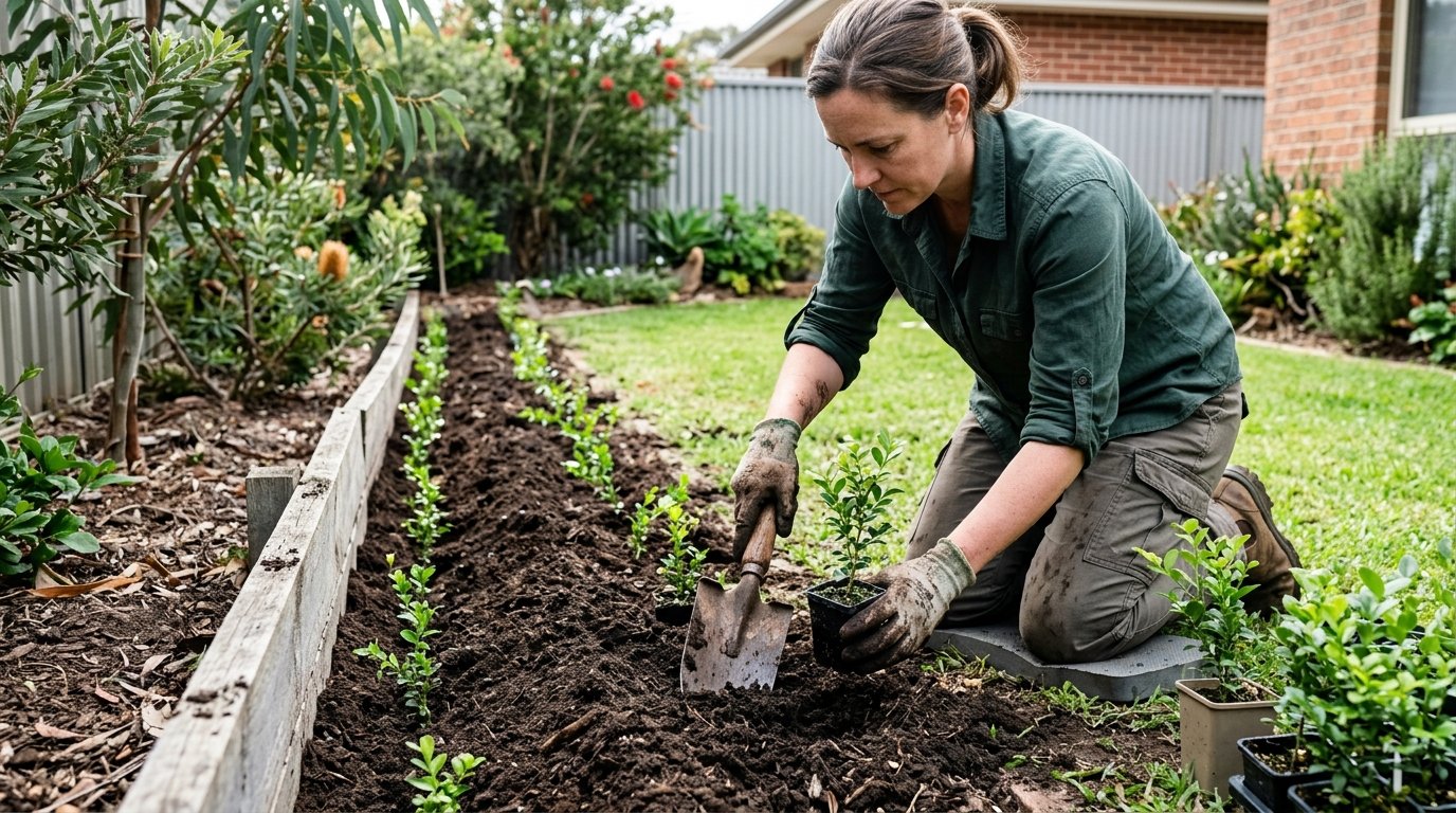 Professional landscaper planting an established hedge row along a fence line, showing a paid installation
