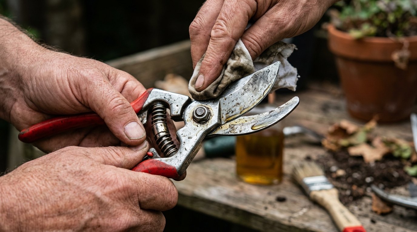 Pruning a rose bush with secateurs in a garden
