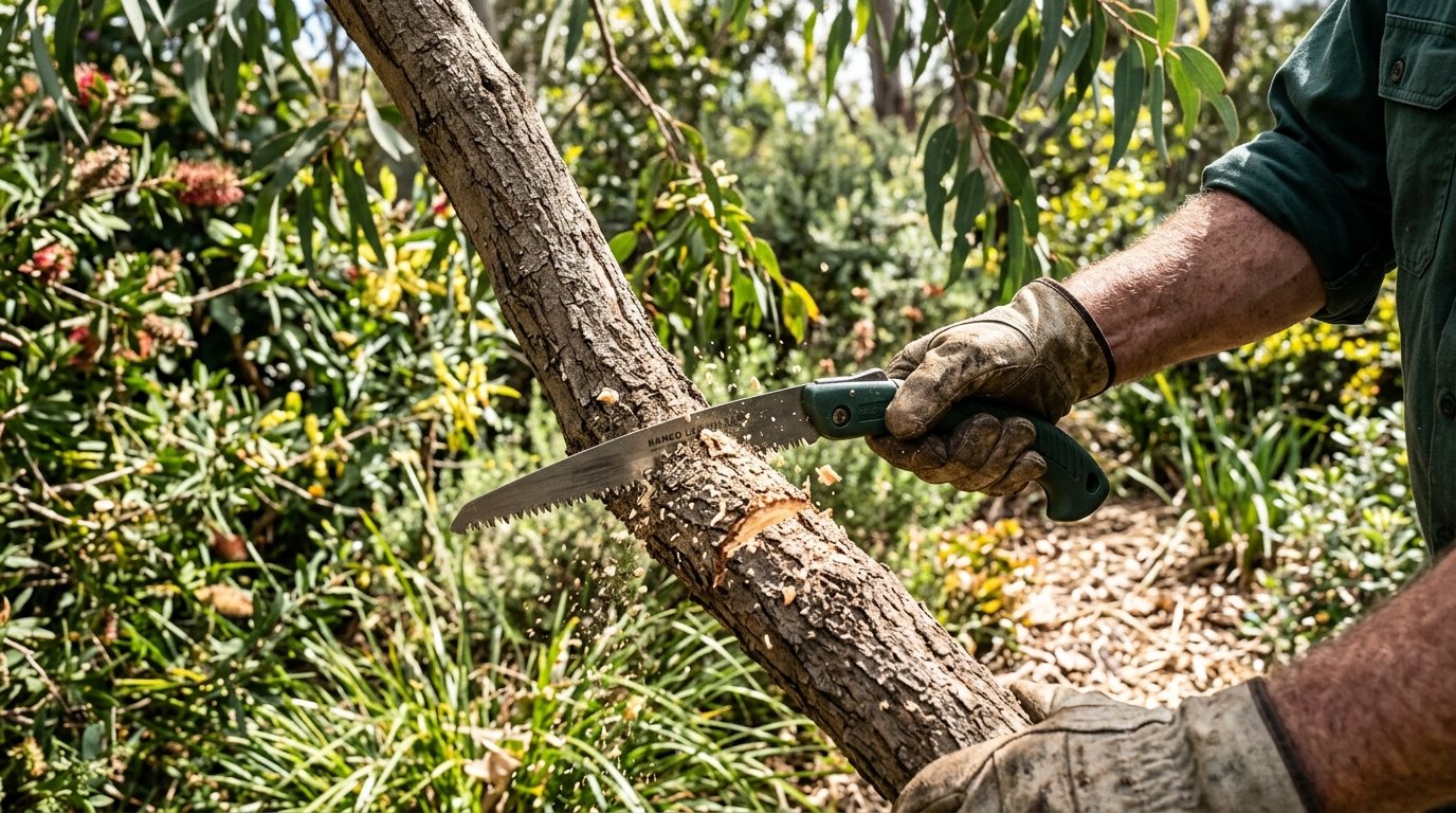 Close-up of a curved pruning saw sharp teeth