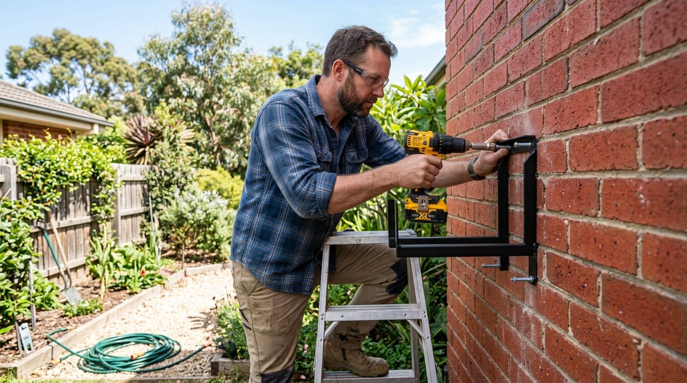 A hand rewinding a garden hose onto a retractable reel