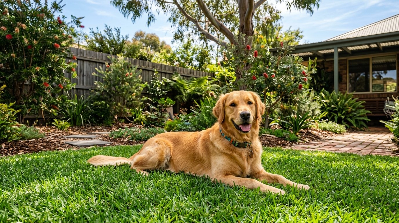 A happy dog relaxing in a safe pet-friendly Australian backyard garden