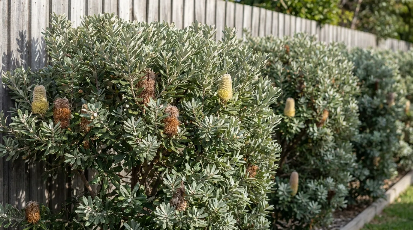 Row of Silver Banksia (Banksia marginata) shrubs forming an informal screen along a fence