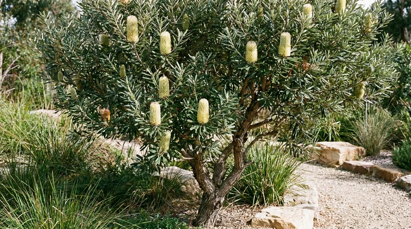 Mature Silver Banksia (Banksia marginata) flowering in a natural Australian garden