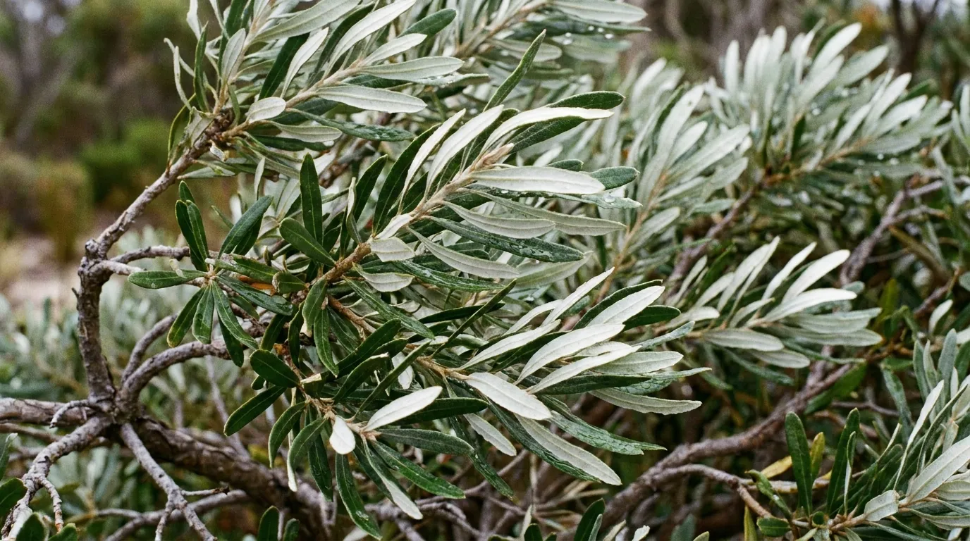 Close-up of narrow Silver Banksia (Banksia marginata) leaves with silver undersides