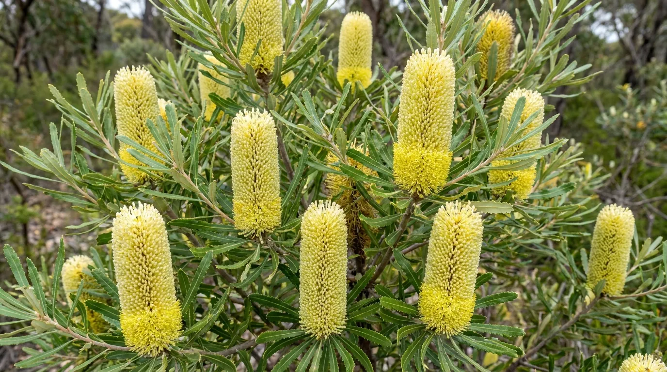 Close-up of pale-to-bright-yellow cylindrical Banksia marginata flower spikes