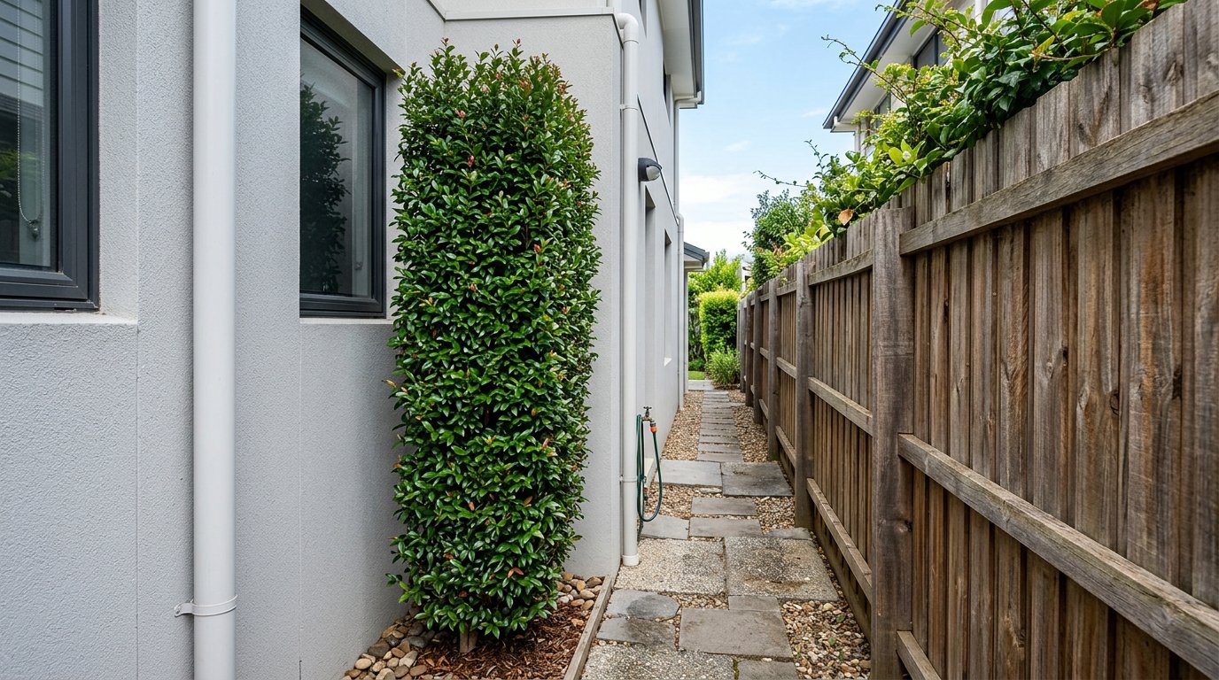 Slim pencil-shaped screening plant in a narrow raised garden bed along a modern courtyard