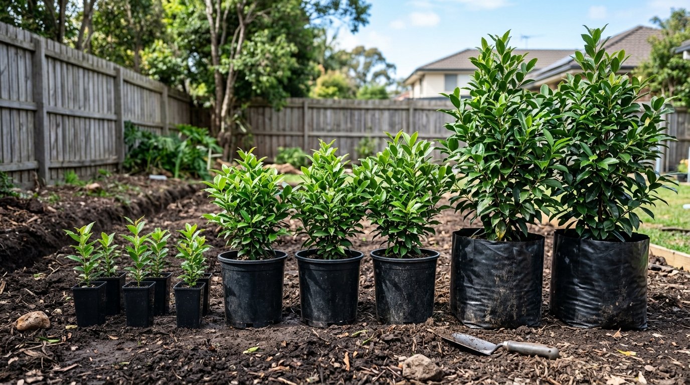 Bags of soil and mulch stacked in a suburban front yard being prepared for a new hedge planting project