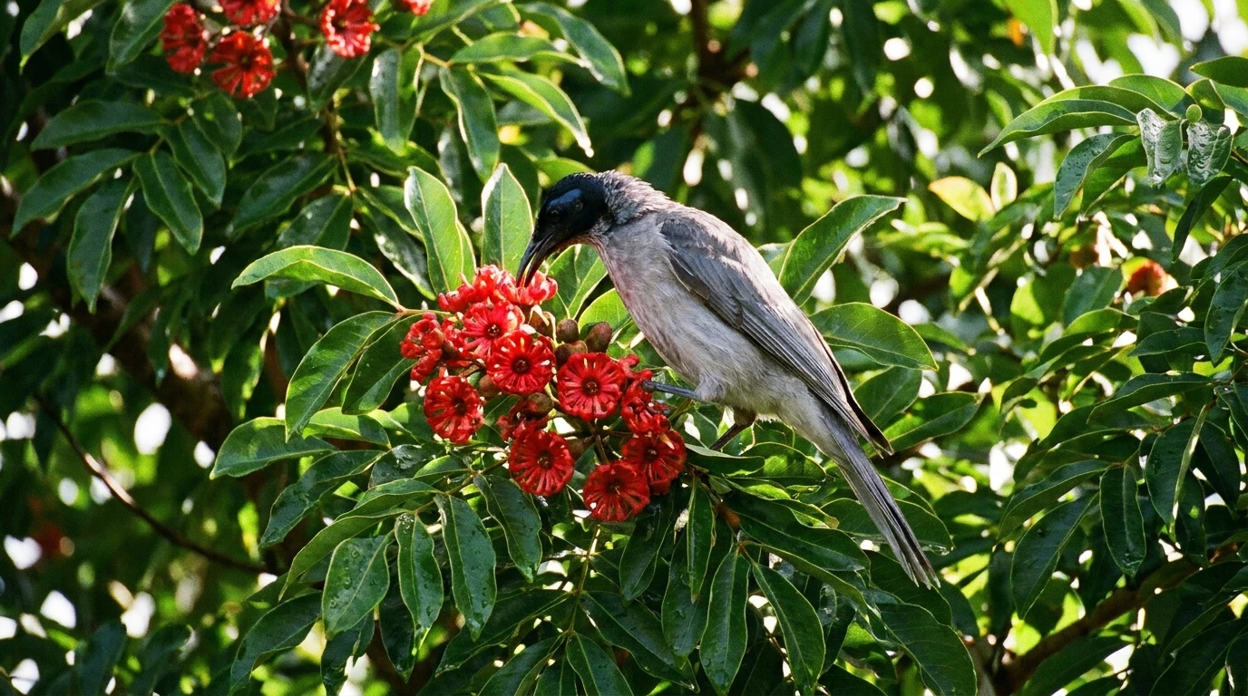 Nectar-feeding bird at the red wheel flowers of a Firewheel Tree in the canopy