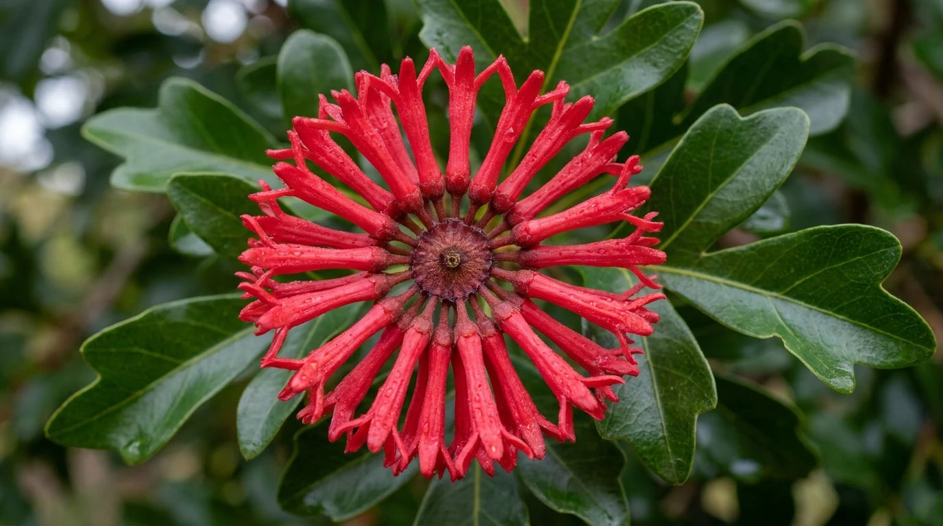 Macro of a single red firewheel flower cluster of Stenocarpus sinuatus