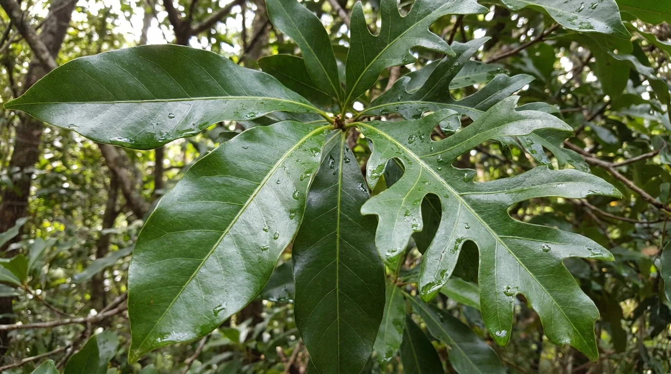 Glossy dark-green Firewheel Tree leaves showing entire and lobed leaf shapes