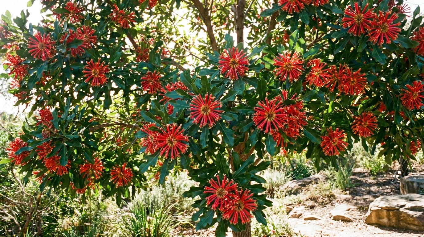 Firewheel Tree with several vivid red wheel-shaped flower clusters against glossy foliage