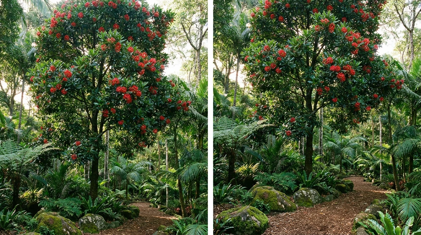 Firewheel Tree in a lush subtropical rainforest-style Australian garden