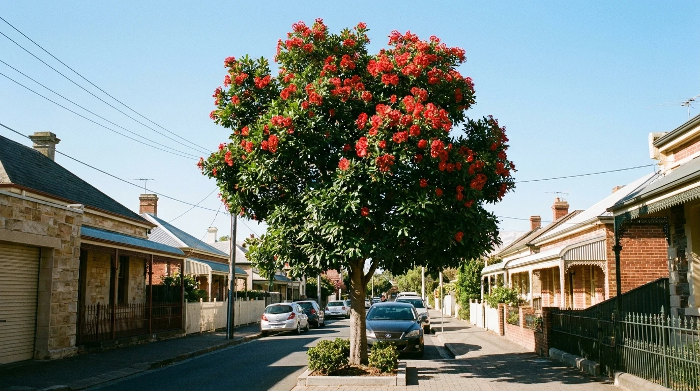 Firewheel Tree as an upright feature street tree with red flowers high in the crown