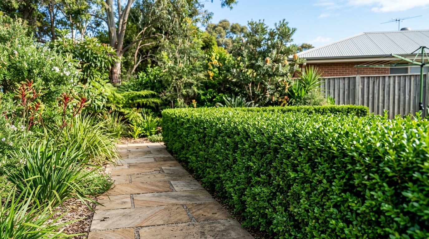 Tall dense privacy screen hedge over 3 metres high forming a green wall between two suburban backyards