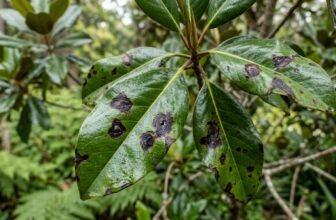 Teddy Bear Magnolia small tree with browning dying branches and sparse leaves showing plant stress