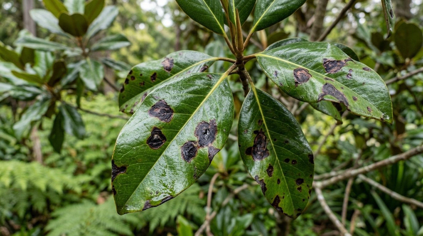 Teddy Bear Magnolia small tree with browning dying branches and sparse leaves showing plant stress