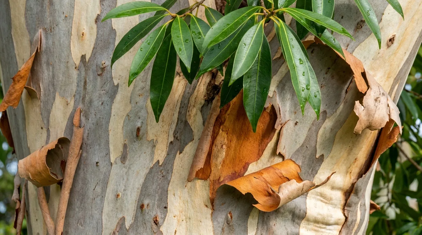 Smooth mottled peeling bark of a Water Gum trunk with glossy green leaves