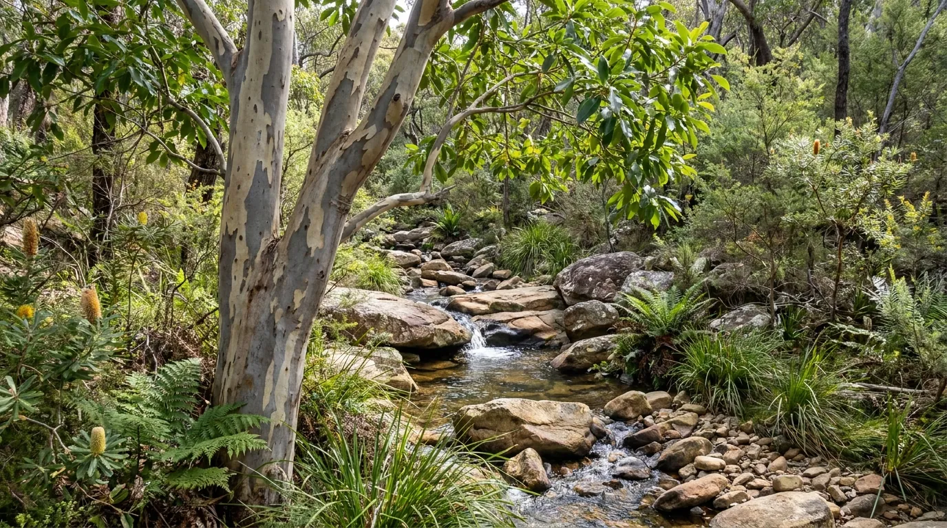 Water Gum growing beside a rocky creek in Australian bushland, its natural habitat