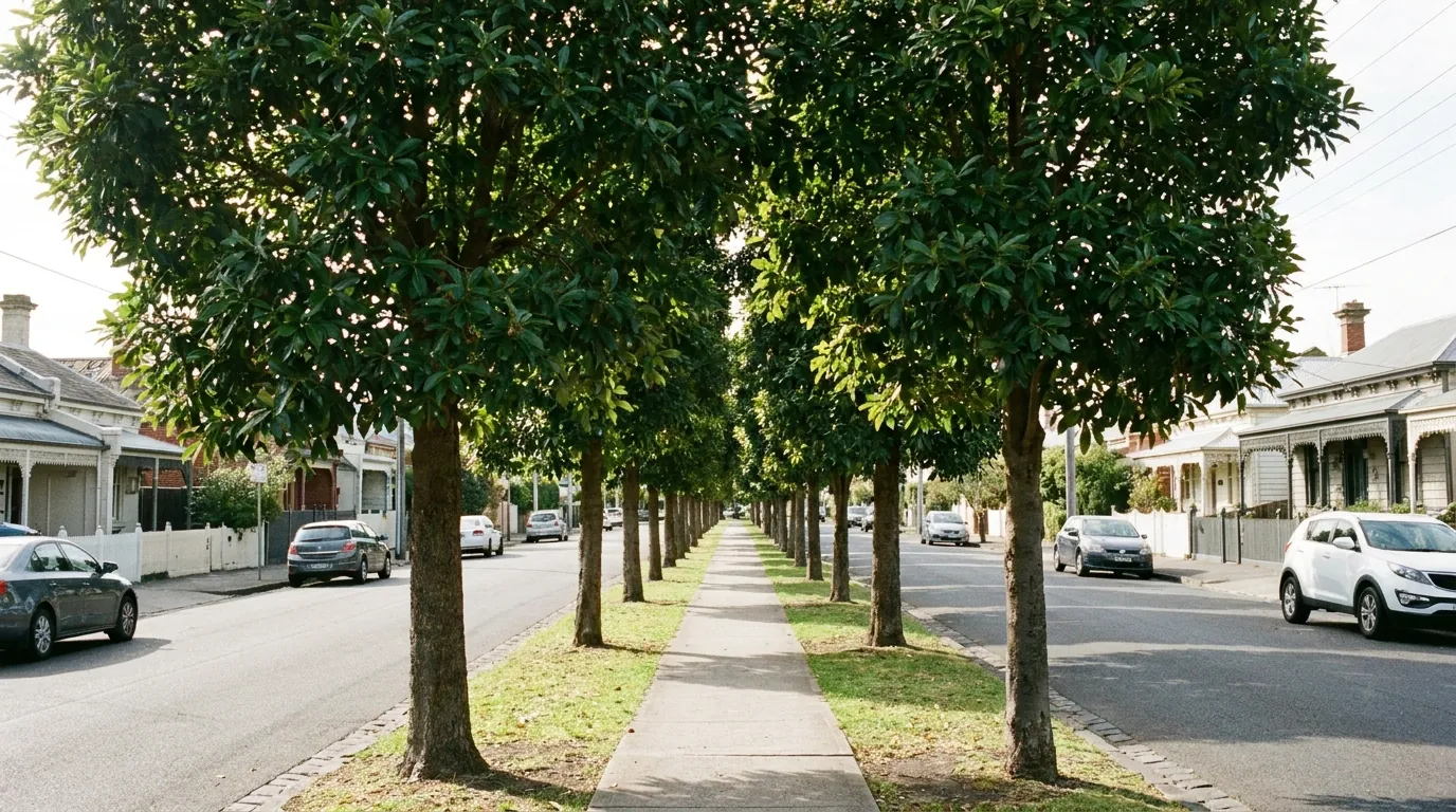 Row of Water Gum trees used as neat street trees along an Australian footpath