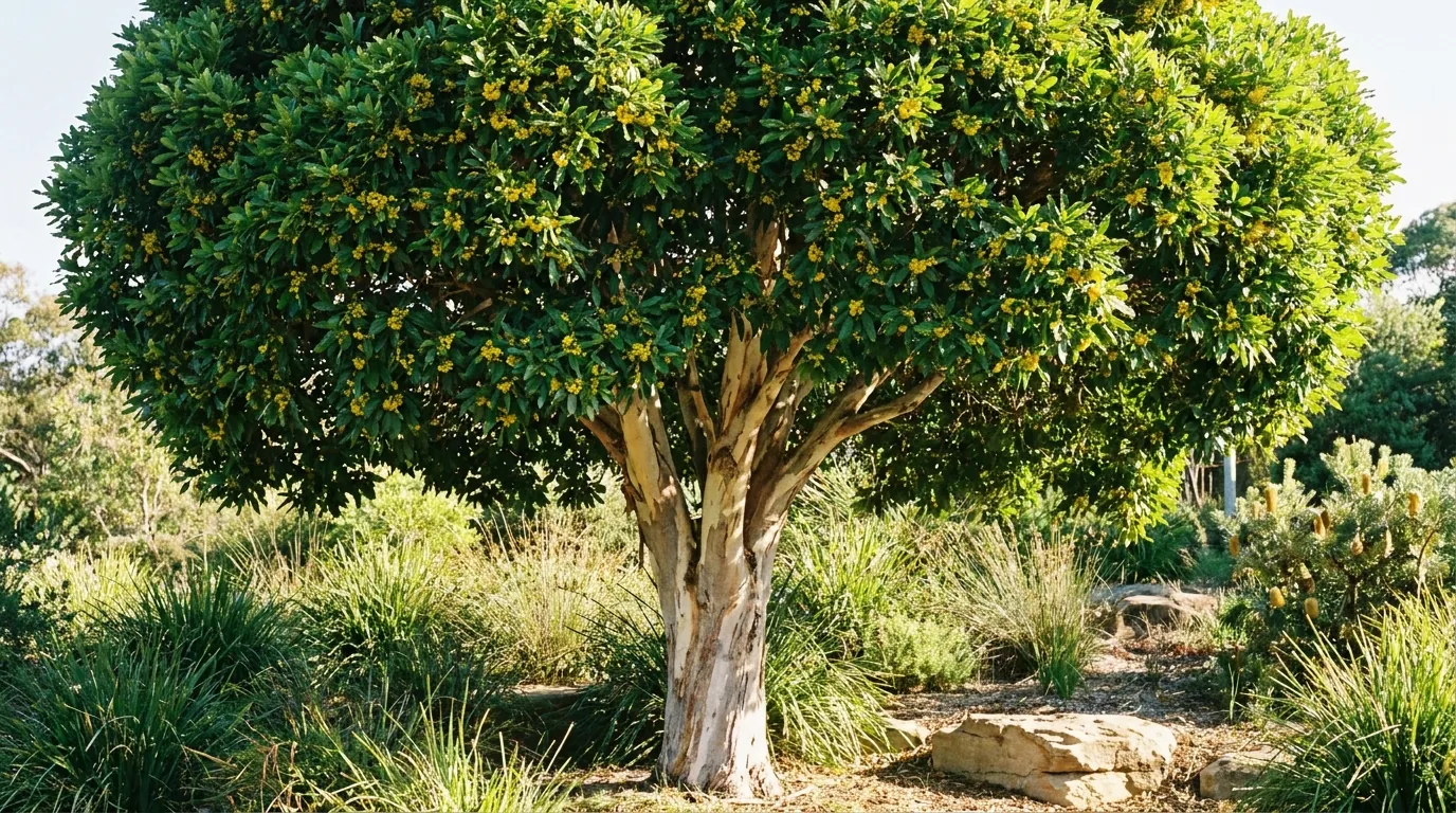 Mature Water Gum (Tristaniopsis laurina) tree with a rounded green canopy in an Australian garden
