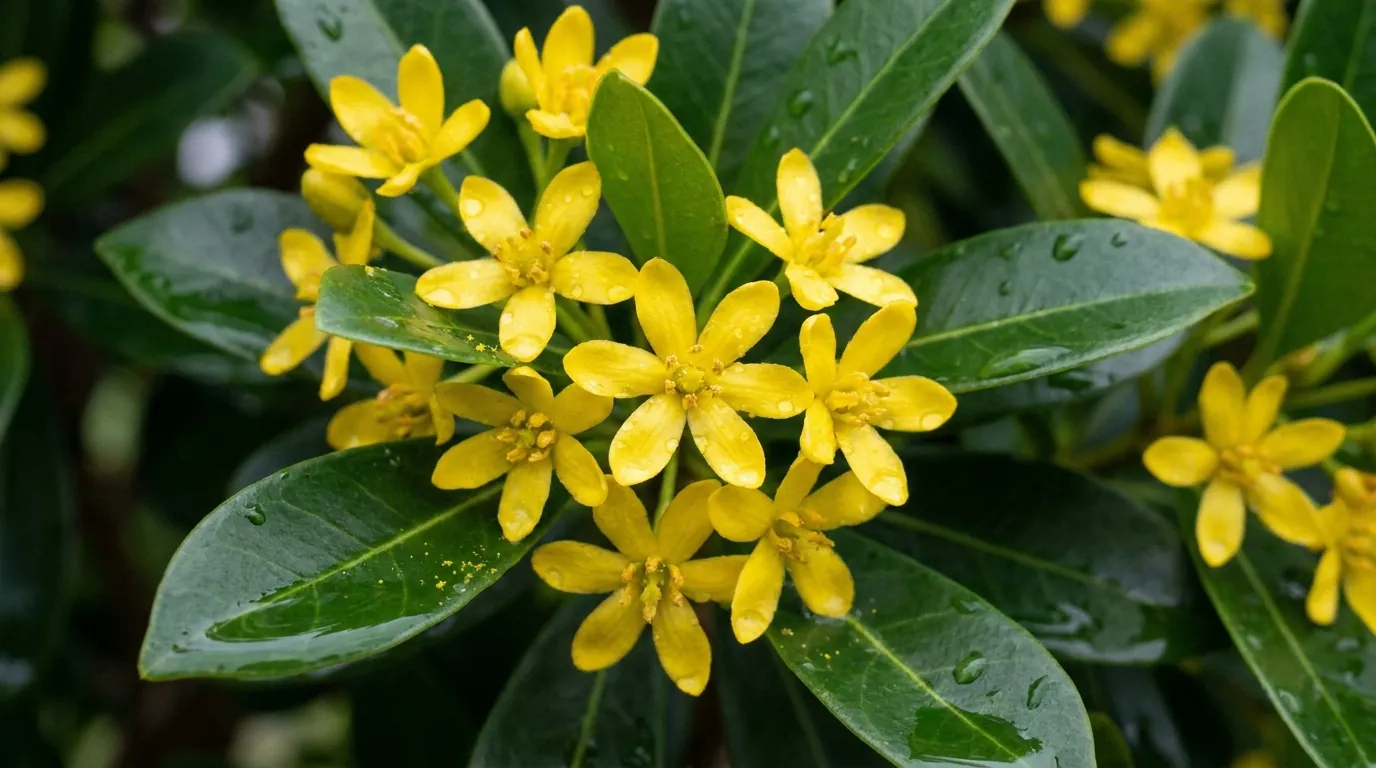 Bright yellow star-shaped Water Gum summer flowers among glossy dark-green leaves