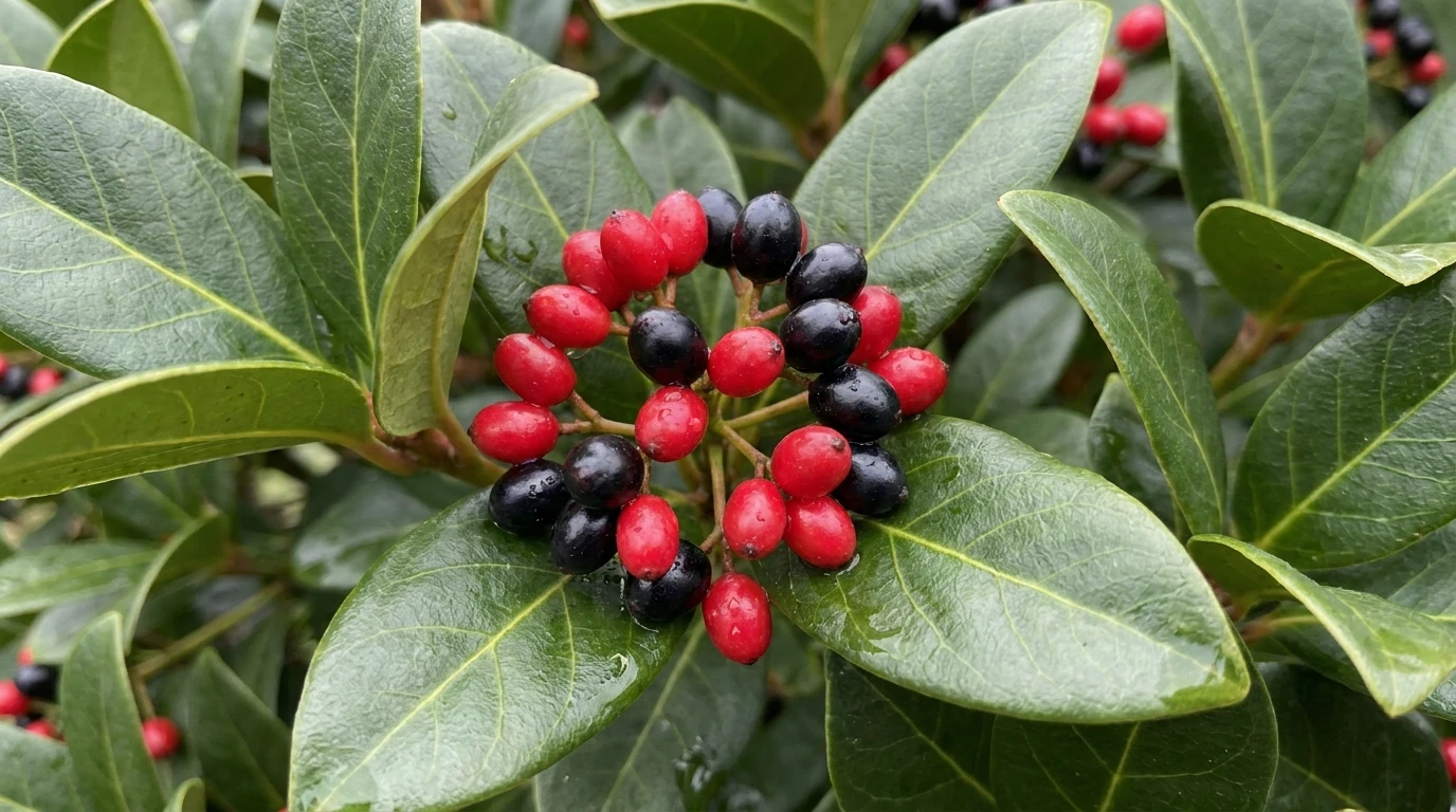 Viburnum 'Emerald Lustre' berries turning from red to black among glossy leaves