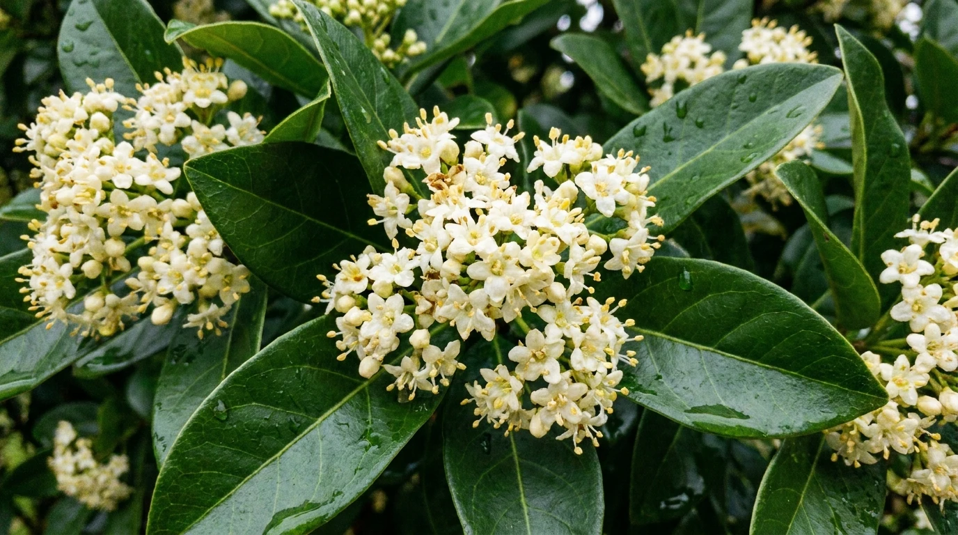Creamy-white Viburnum 'Emerald Lustre' flower clusters among glossy leaves