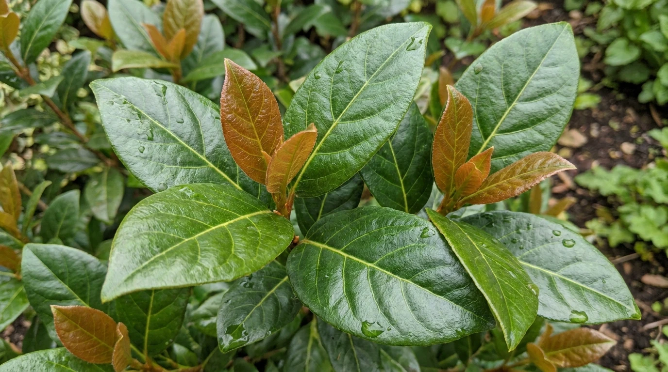 Close-up of glossy dark-green Viburnum 'Emerald Lustre' leaves with coppery-bronze new growth