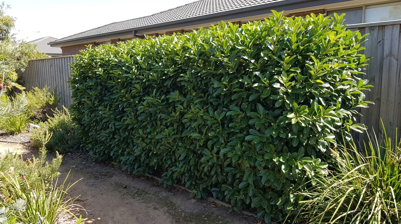 Viburnum odoratissimum 'Emerald Lustre' clipped as a tall privacy hedge in a sunny Australian garden