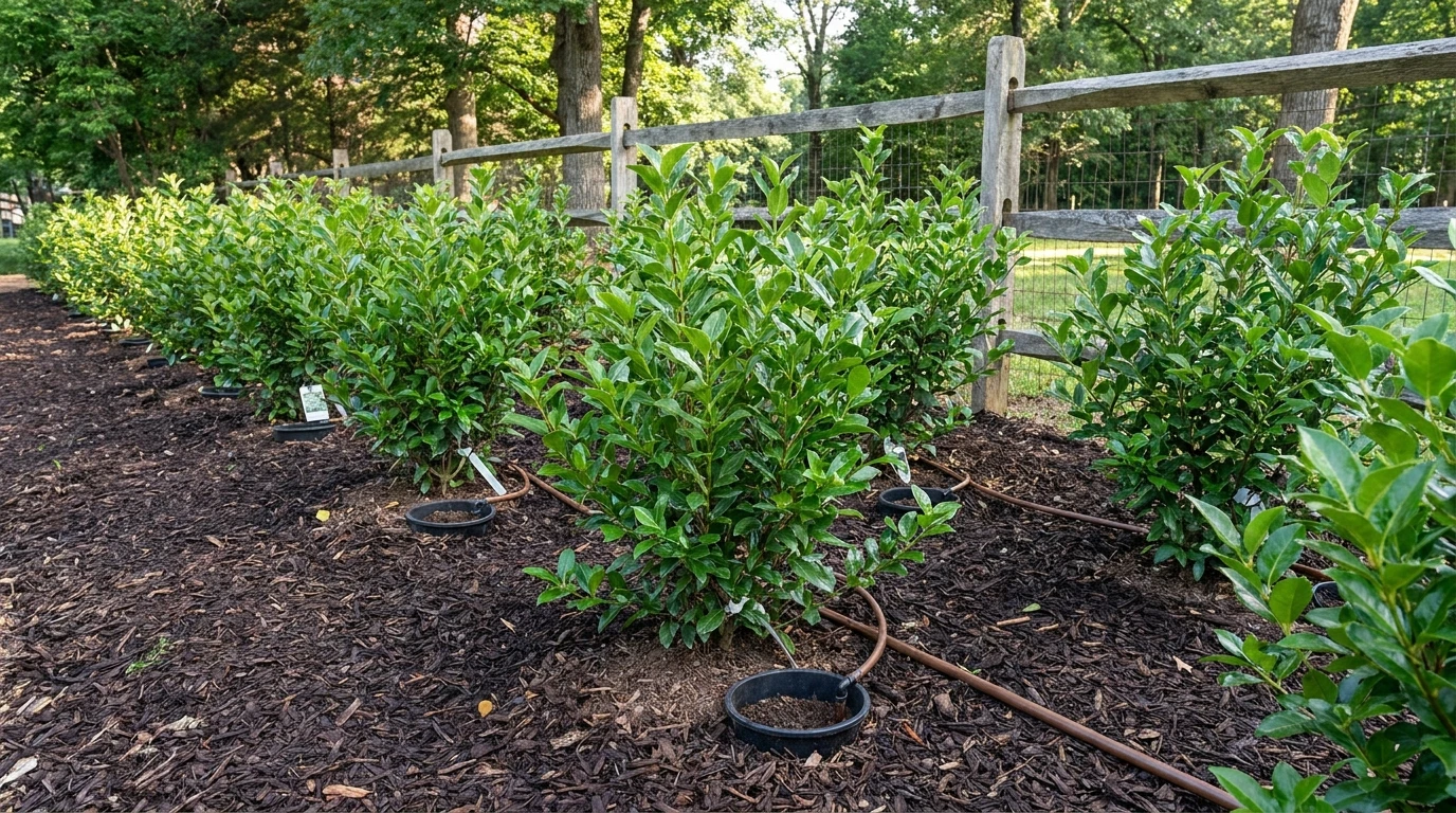 Freshly planted young Viburnum 'Emerald Lustre' hedge row along a mulched bed