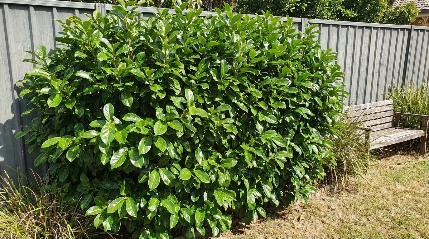 Viburnum 'Emerald Lustre' hedge screening a grey Colorbond fence in a backyard