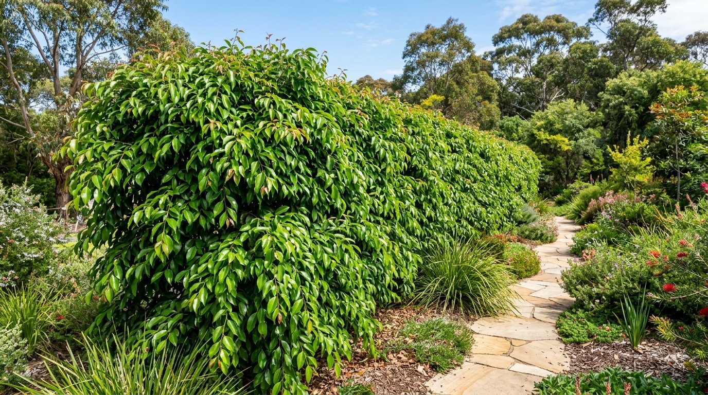 Waterhousea floribunda leaves with brown scorched tips and spots