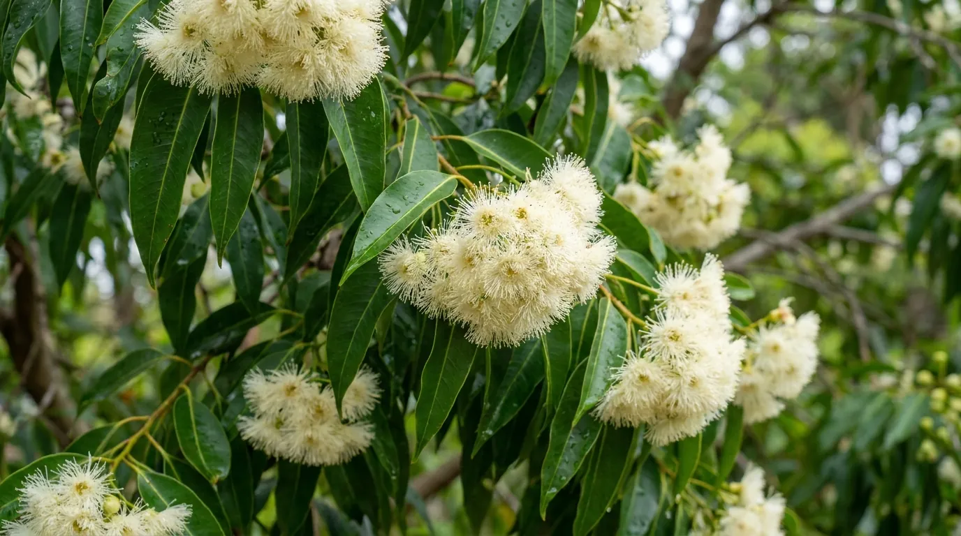 Fluffy creamy-white Waterhousea floribunda flower clusters among glossy green leaves